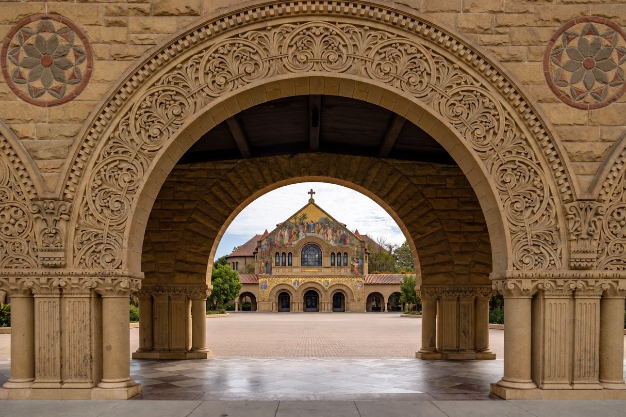 Stanford Memorial Church seen through the ornate arches
